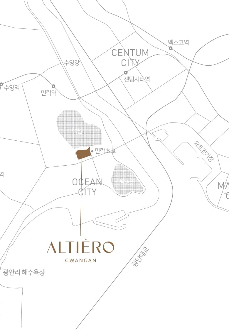 알티에로 광안 위치 및 교통 안내도 - 광안대교, 수영강, 센텀시티, 광안리 해수욕장, 민락역, 수영역, 벡스코역