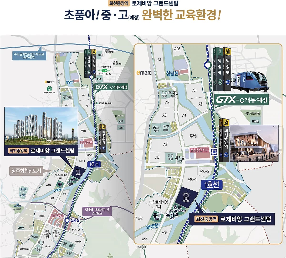 회천중앙역 로제비앙 그랜드센텀 위치 및 입지 안내도 - 1호선 회천중앙역(예정), 덕정역 GTX-C, 덕계천, 이마트, 중심상업지구, 학교