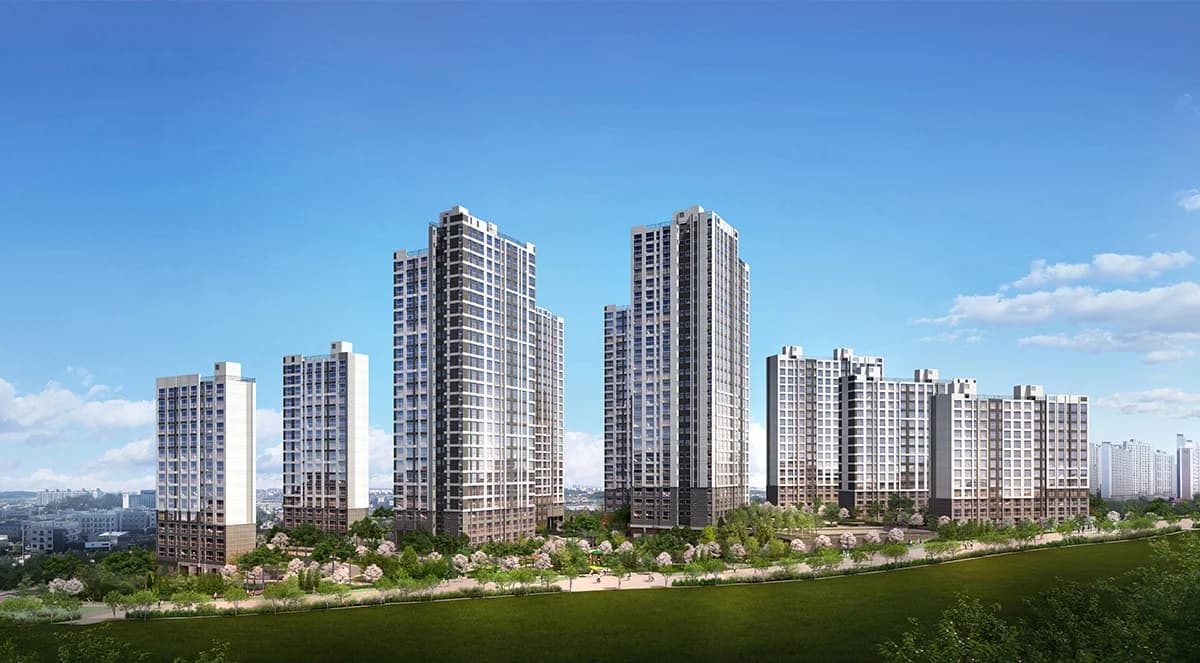 아산테크노밸리 더원 7차 단지 투시도 - 지상 최고 25층 10개동과 단지 앞 녹지