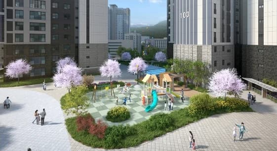 두산위브 트리니뷰 구명역 어린이놀이터 투시도 - 놀이기구와 벚나무가 둘러싼 동 사이 놀이 공간