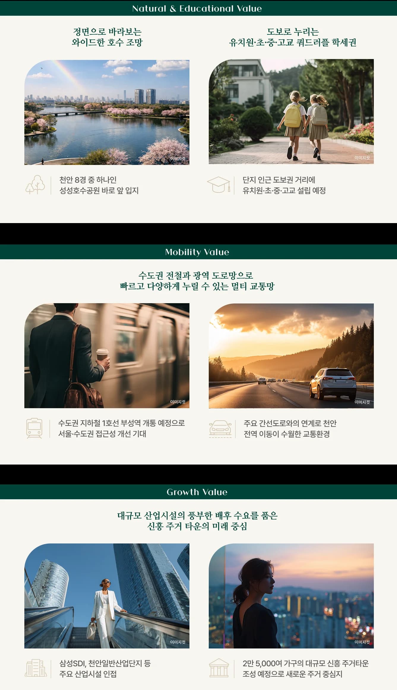 엘리프 성성호수공원 강점 안내 - 호수 조망·학세권·부성역·간선도로·산업시설·주거타운 6가지 항목