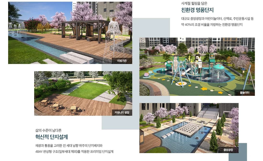 천안 휴먼빌 퍼스트시티 조경 계획 — 리빙가든·커뮤니티광장·물놀이터·중앙광장 투시도