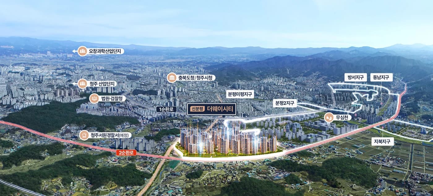 신분평 더웨이시티 제일풍경채 광역 항공 조감 - 분평2지구·분평미평지구와 무심천, 청주 도심을 배경으로 한 단지 위치