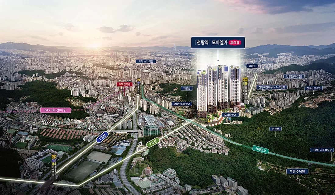 천왕역 모아엘가 트레뷰 항공 입지 사진 - 1·7호선, 천왕역·온수역, 오남중·오류남초, 개웅산·천왕산, 푸른수목원 위치 표시