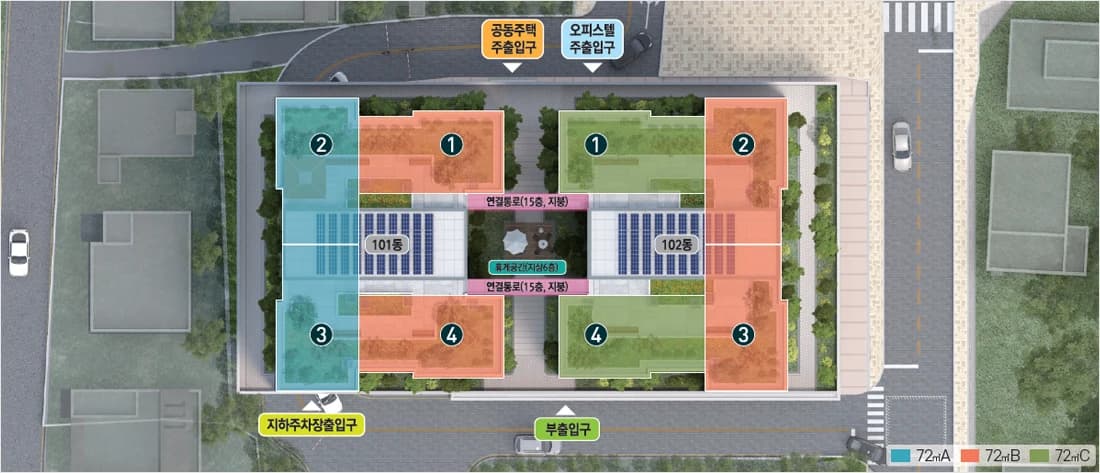 동두천 중앙역 엘크루 더퍼스트 단지 배치도 - 101·102동 배치와 15층 연결통로, 타입별 위치