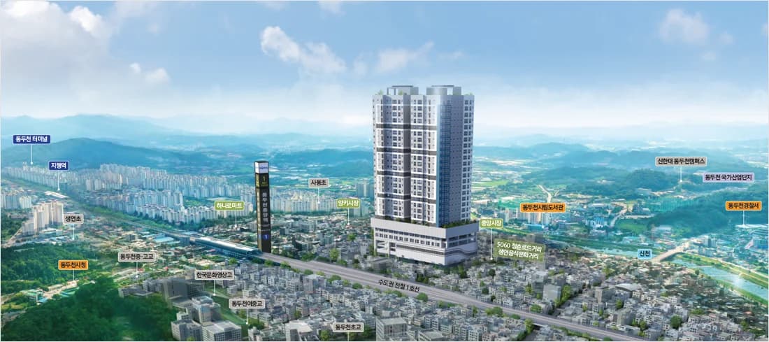 동두천 중앙역 엘크루 더퍼스트 주변 시설 항공 투시도 - 수도권 전철 1호선과 동두천시청·중앙시장·학교 위치