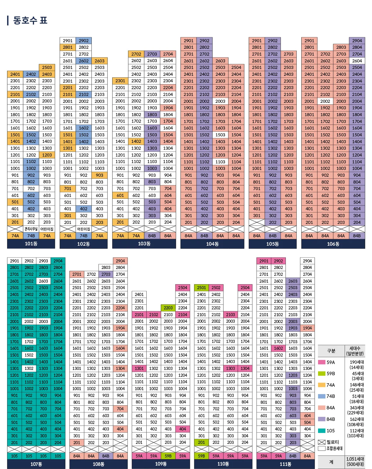 천안 동문 디 이스트 파크시티 101~111동 층별 호수·주택형 배치표