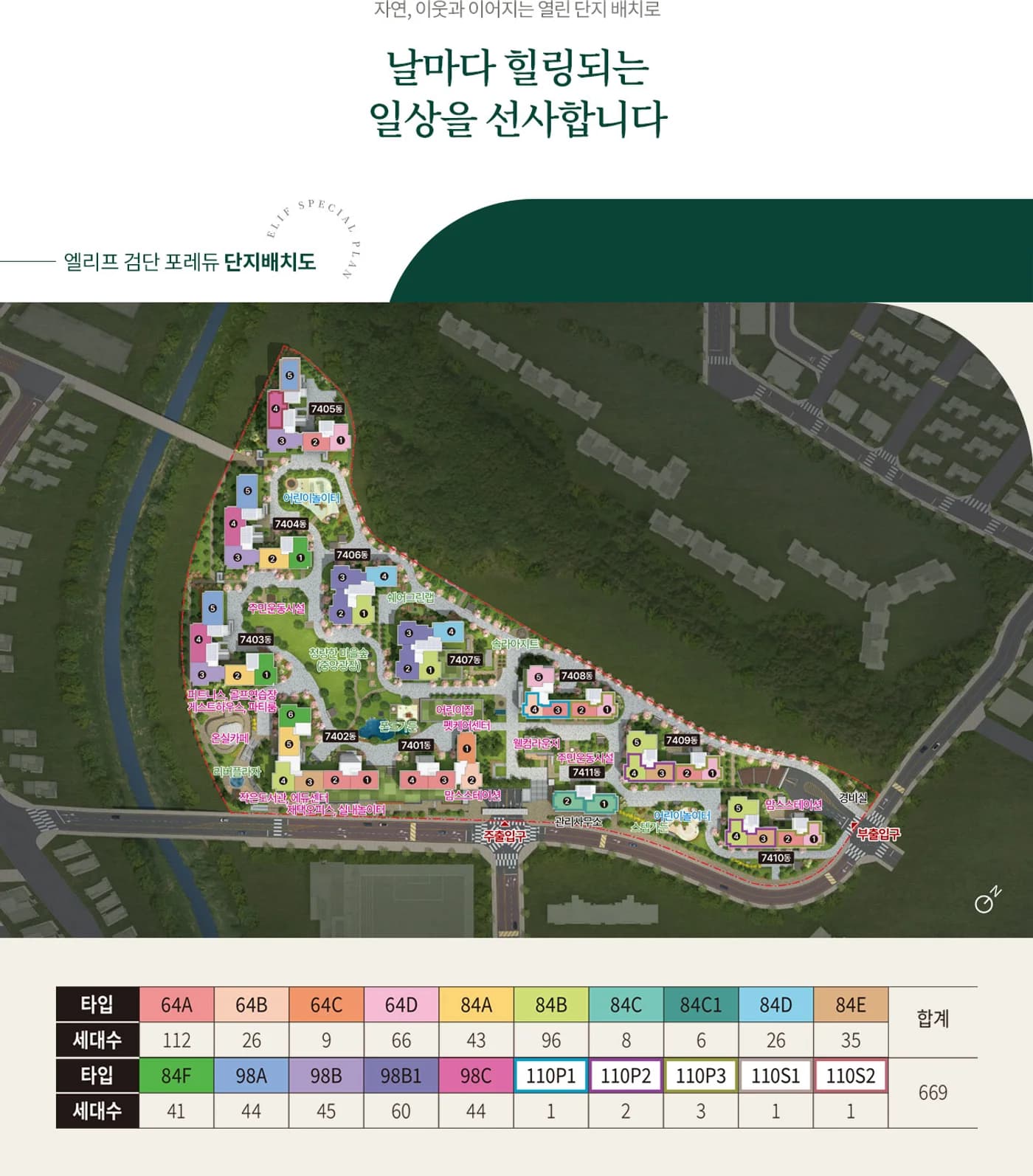 엘리프 검단 포레듀 단지배치도 - 7401~7411동 배치 및 타입별 세대수