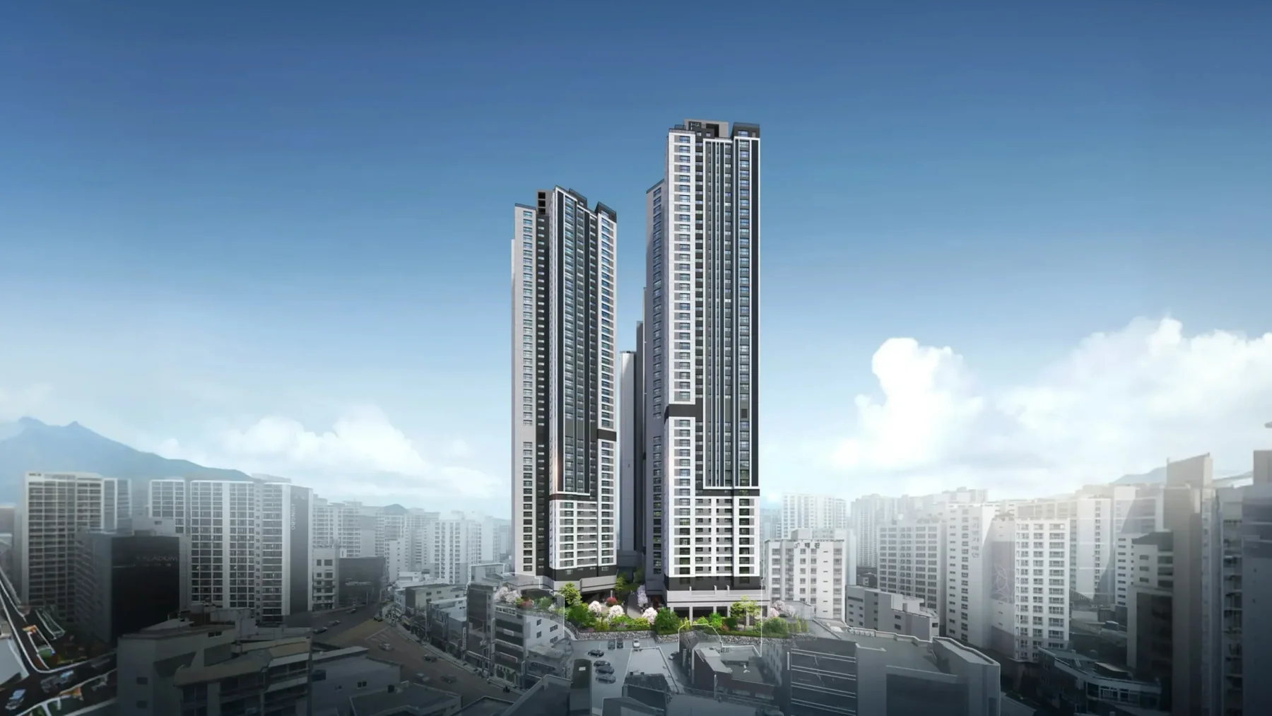 금정산 하늘채 루미엘 주간 조감도 - 3개동 배치와 주변 도심 스카이라인