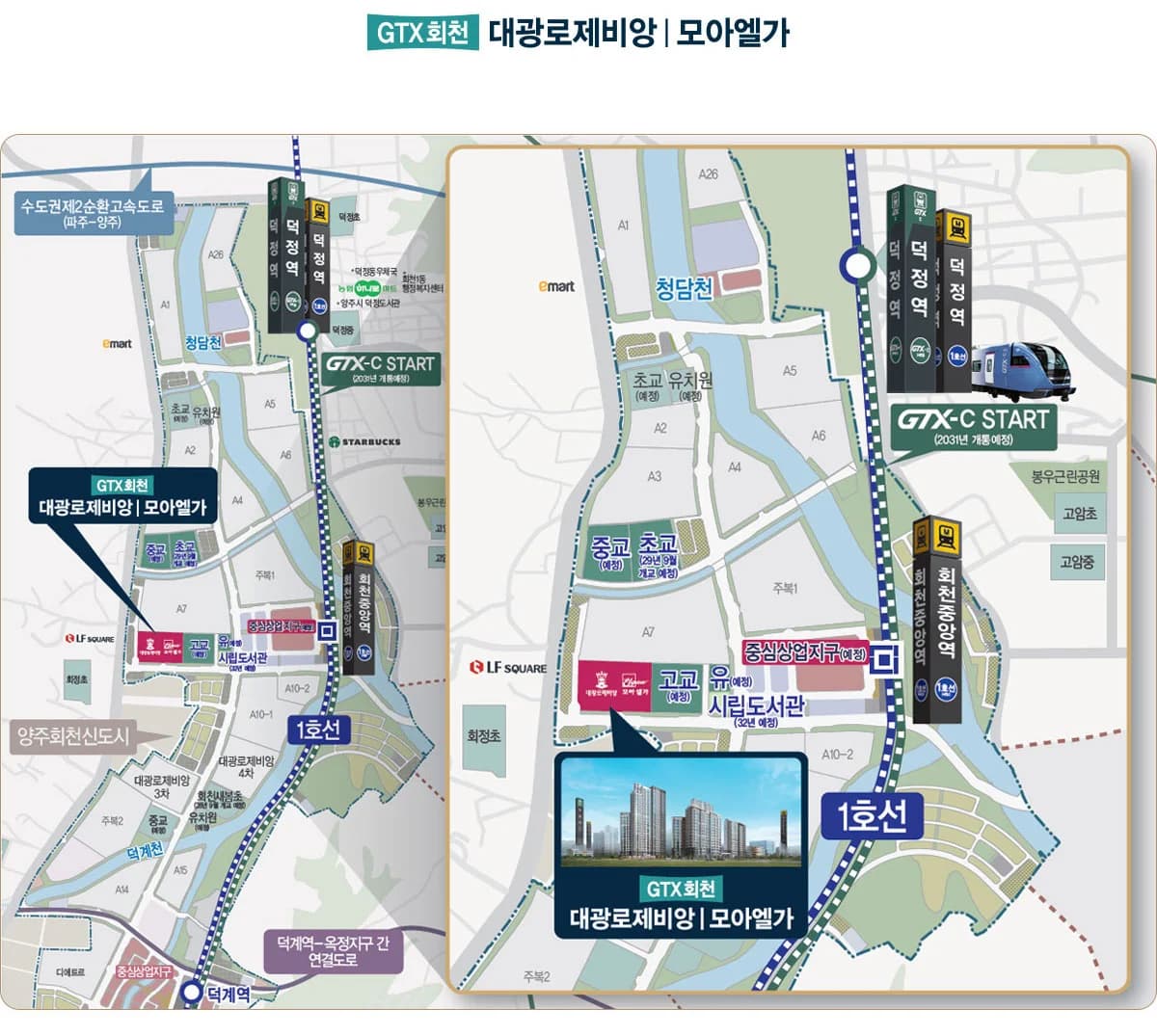 GTX회천 대광로제비앙 모아엘가 위치 및 입지 안내도 - 회천지구 A-8블록, 1호선 회천중앙역·덕정역, 중심상업지구·시립도서관 예정 부지