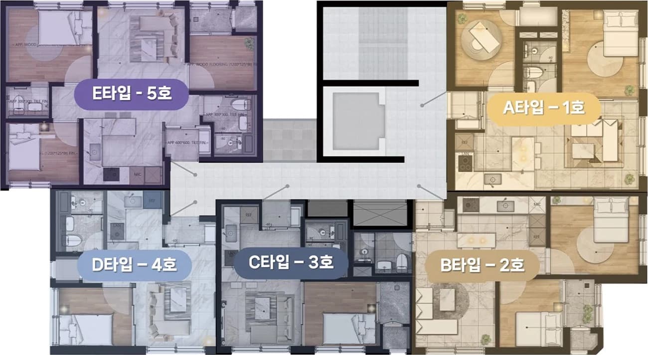 구의역 에떼르넬 비욘드 기준층 호실 배치 — 1호 A타입, 2호 B타입, 3호 C타입, 4호 D타입, 5호 E타입 위치