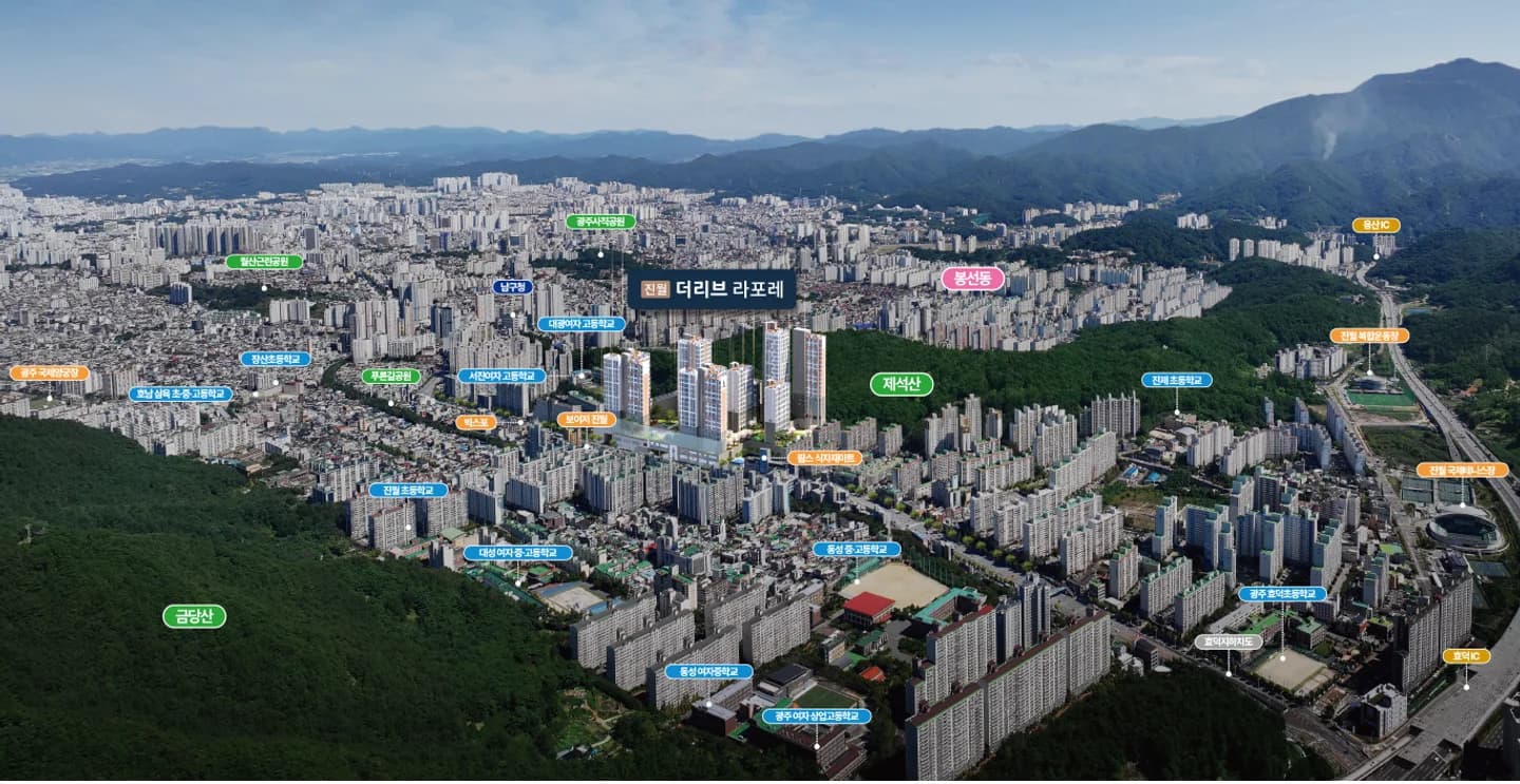 진월 더리브 라포레 위치에서 바라본 진월동 일대 항공 조망