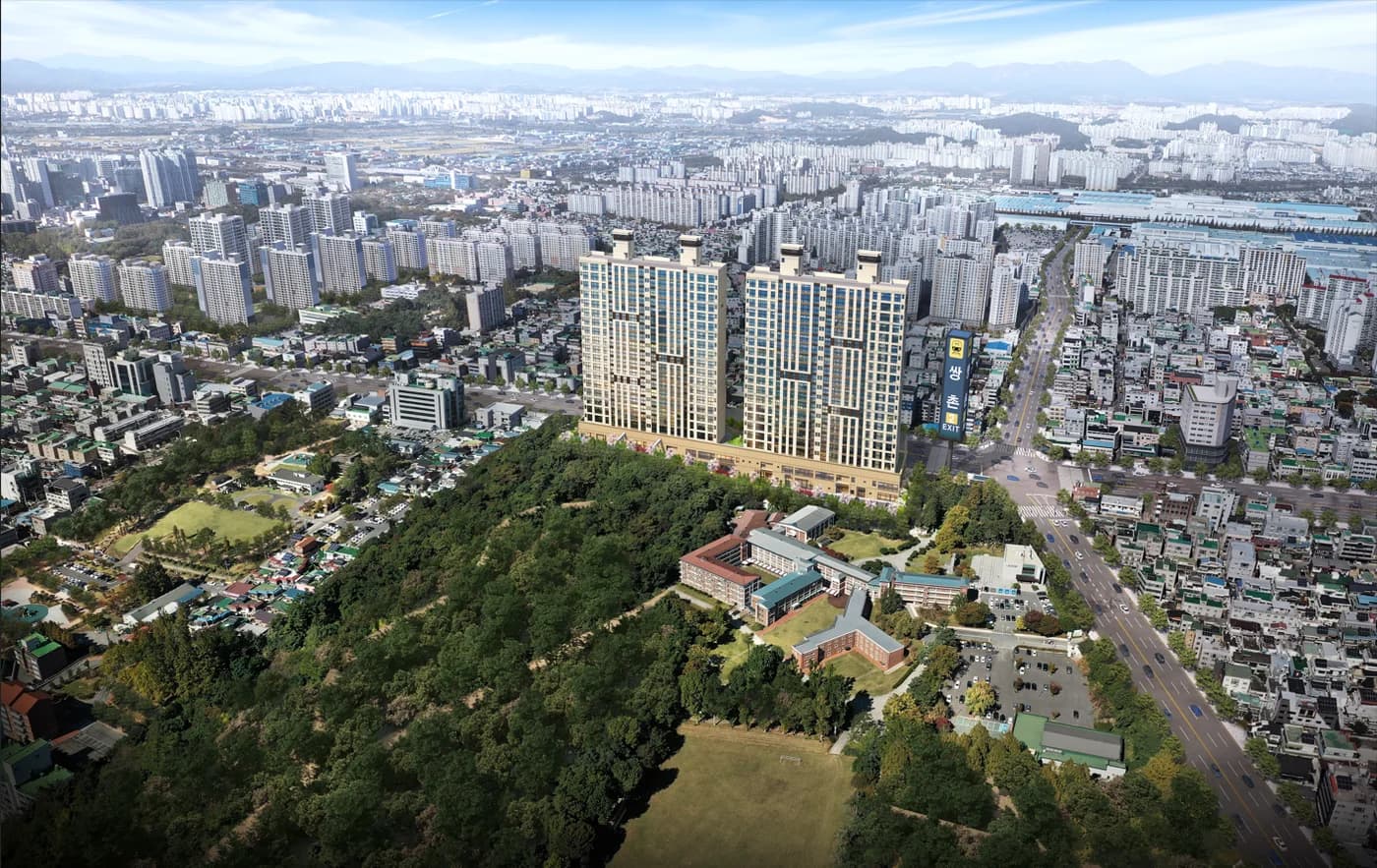 상무 센트럴 더로제 항공 조감도 - 남측 녹지와 시가지에 둘러싸인 지상 20층 2개동
