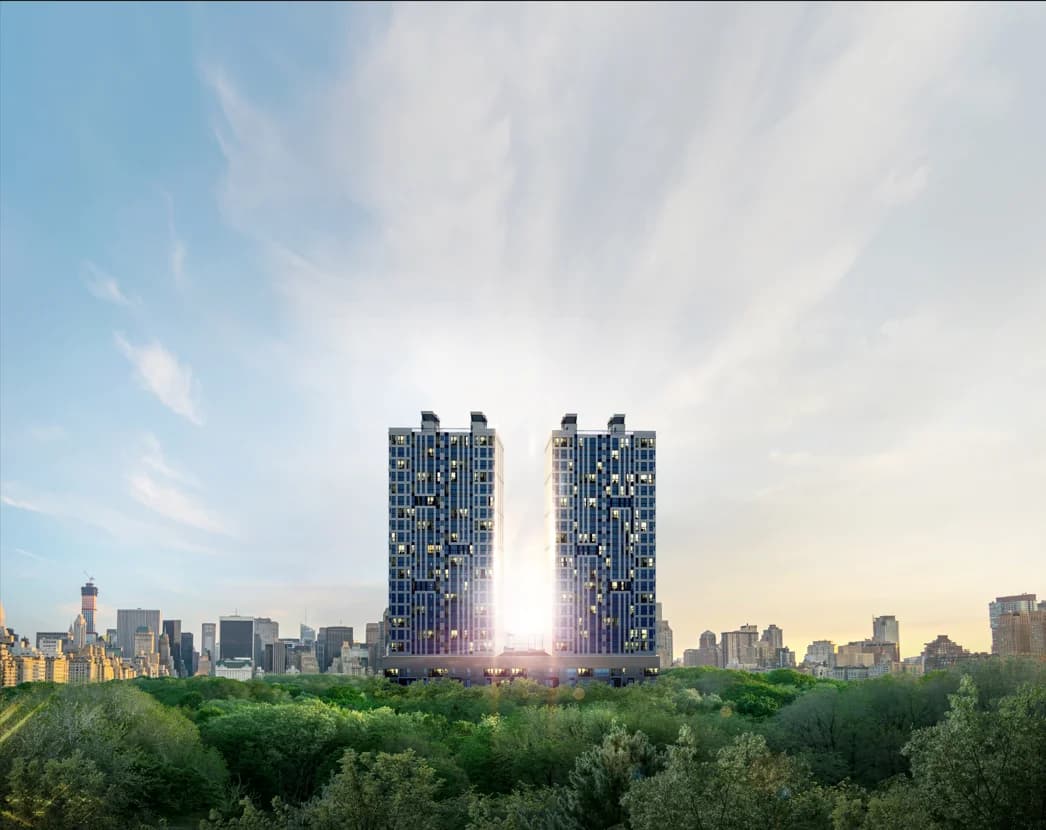 상무 센트럴 더로제 야경 컨셉 이미지 - 녹지 위로 마주 선 2개동 주동