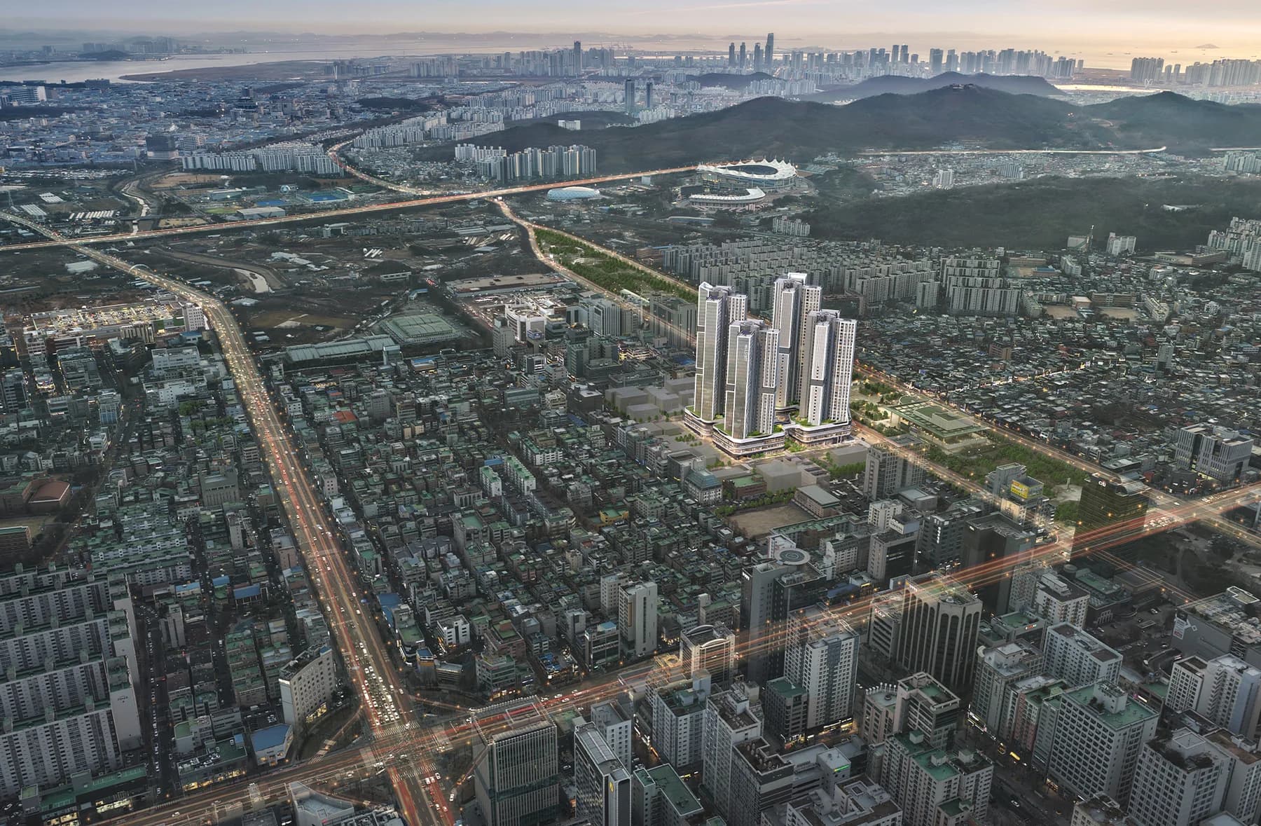 힐스테이트 구월아트파크 항공 조감도 - 구월동 도심 야경 속 39층 4개동 주상복합
