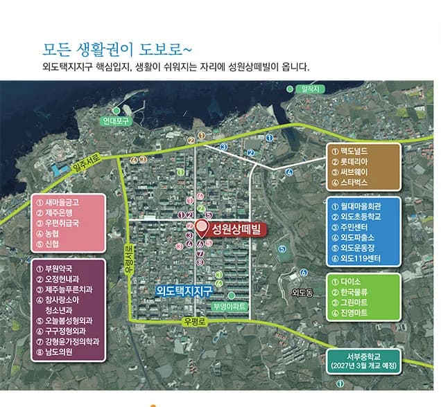 제주 외도 성원상떼빌 근린 생활편의 안내도 - 외도택지지구 도보권 마트·의료·학교·관공서