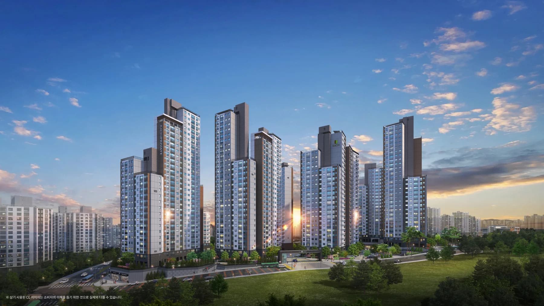 전주 라온프라이빗 퍼스티브 조감도 - 평화동 7개동 아파트 단지 외관