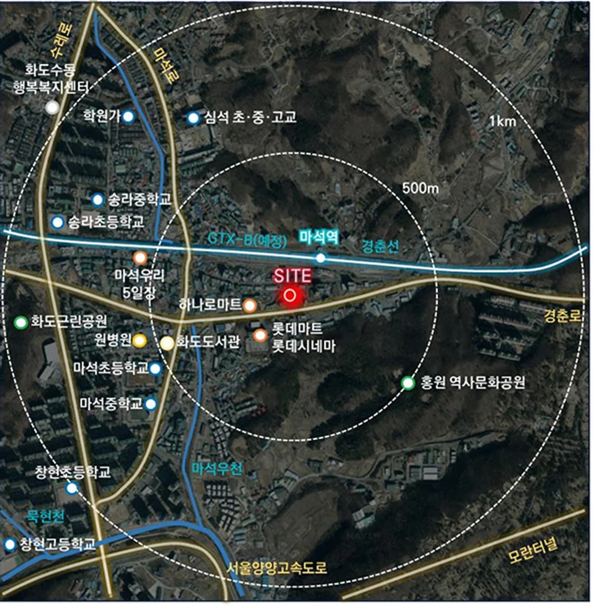 마석역 극동스타클래스 더퍼스트 생활권 지도 - 반경 500m·1km 내 마석초·마석중·심석 학교와 롯데마트·하나로마트·원병원 위치