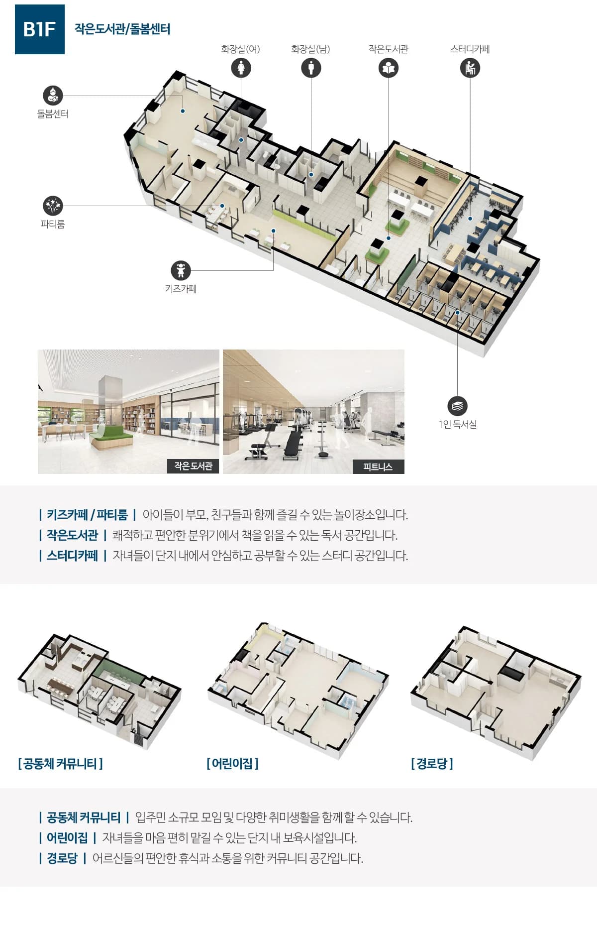 대전 문화공원 수자인 지하 1층 작은도서관·돌봄센터 입체도 - 스터디카페, 1인 독서실, 키즈카페, 파티룸
