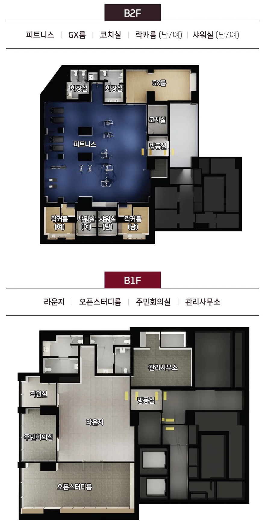 문수로 롯데캐슬 그랑파르크 커뮤니티 평면 — 지하 2층 피트니스·GX룸·코치실·락커룸·샤워실, 지하 1층 라운지·오픈스터디룸·주민회의실·관리사무소