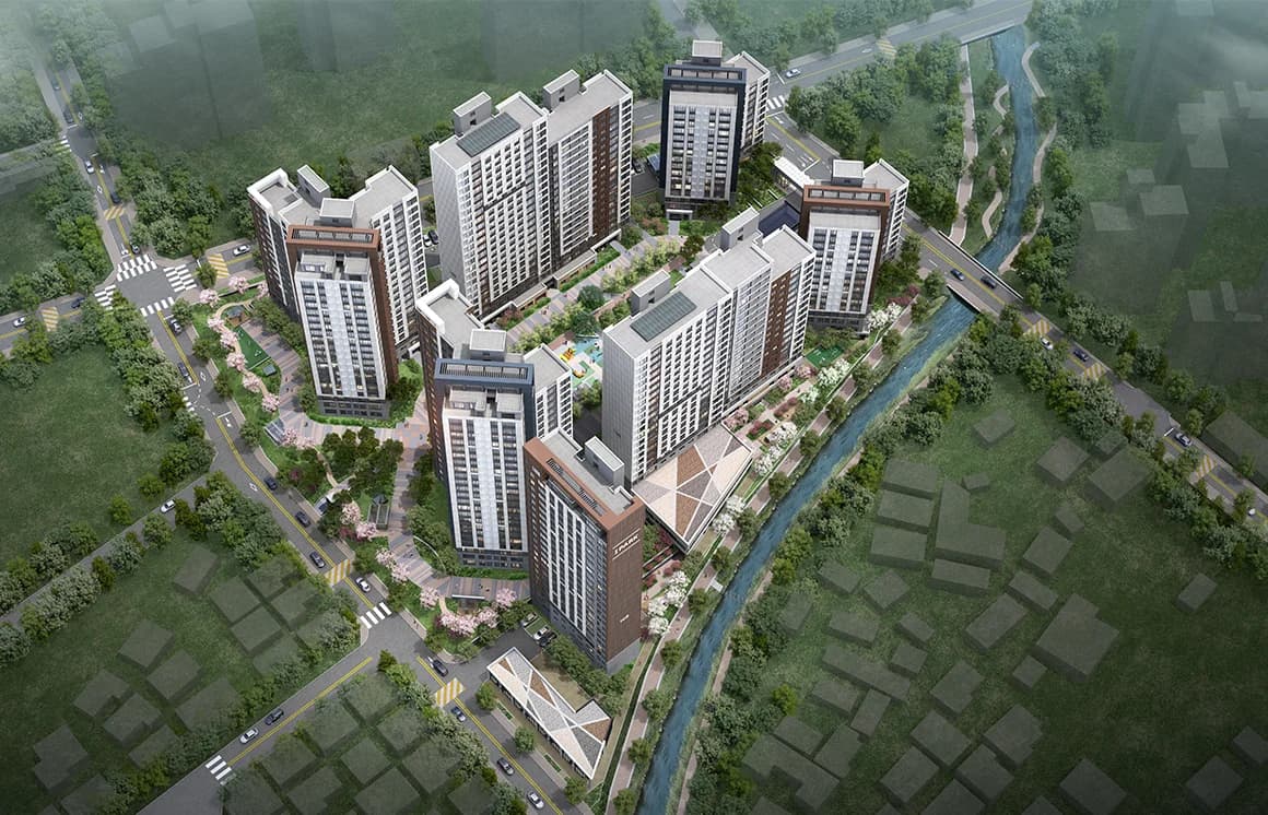 논산 아이파크 항공 조감도 - 논산천 변에 배치된 7개동 아파트 단지