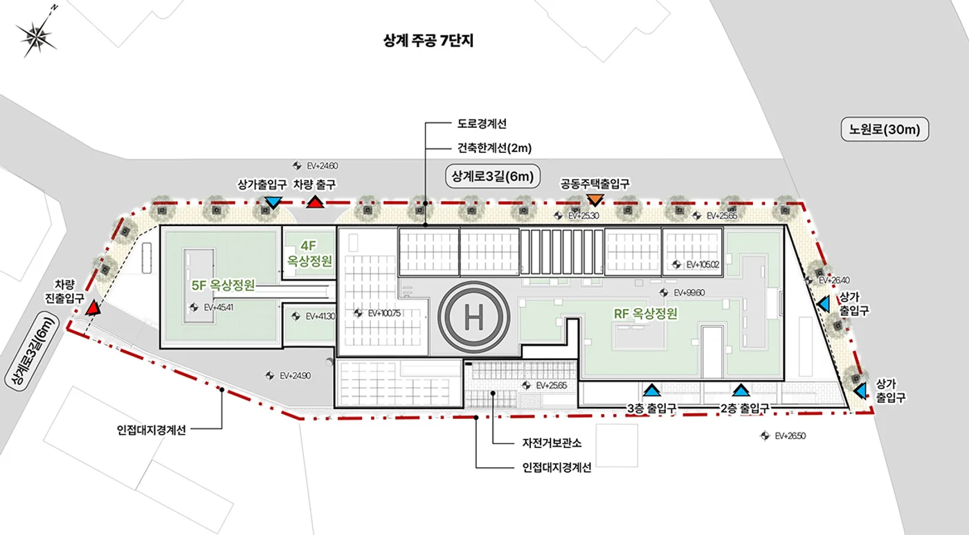 해링턴플레이스 노원 센트럴 단지 배치도 - 옥상정원(4F·5F·RF)·상가 및 공동주택 출입구 배치
