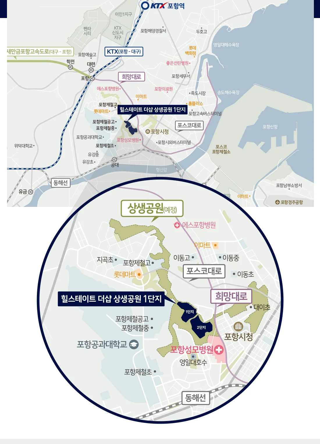 힐스테이트 더샵 상생공원 1단지 입지 안내도 - KTX 포항역·포스코대로·상생공원·포항시청 위치