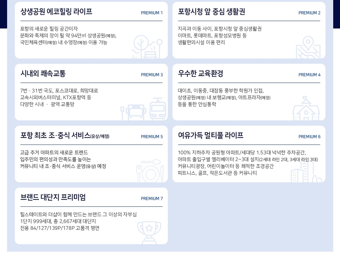 힐스테이트 더샵 상생공원 1단지 강점 안내 - 상생공원·생활권·교통·교육·조중식·주차·브랜드 7가지 항목