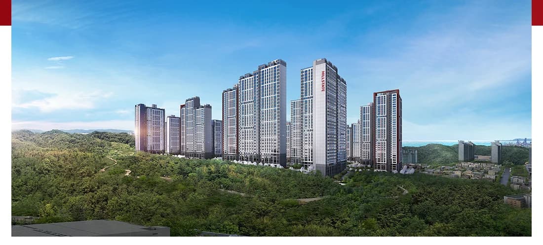 힐스테이트 더샵 상생공원 2단지 조감도 - 산자락에 감싸인 단지 전체 주간 조감