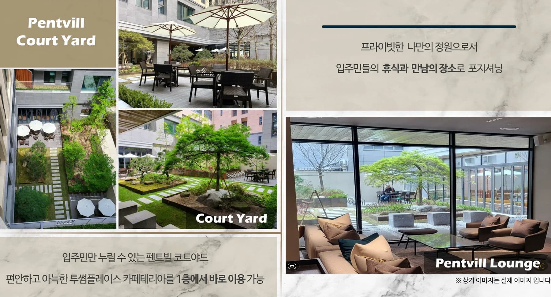 펜트빌 세종 소나무와 단풍나무를 심고 파라솔을 둔 중정 정원, 정원을 통창으로 바라보는 라운지