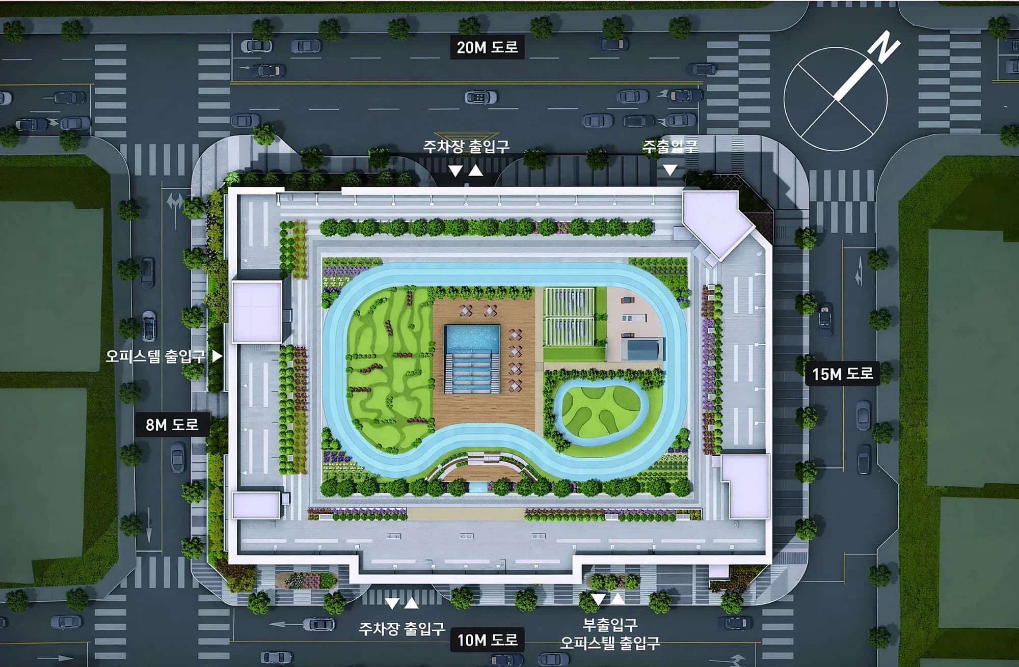 라포르테 블랑 서현 배치도 — 20m·15m·10m·8m 도로에 둘러싸인 대지와 옥상 정원, 주차장·오피스텔 출입구 위치