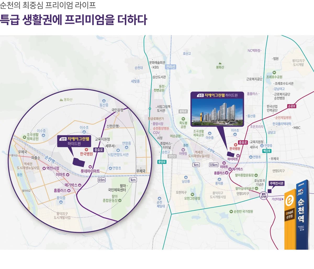 순천 지에이그린웰 하이드원 주변 순천역·이마트·한국병원·학교·공원 위치 안내도