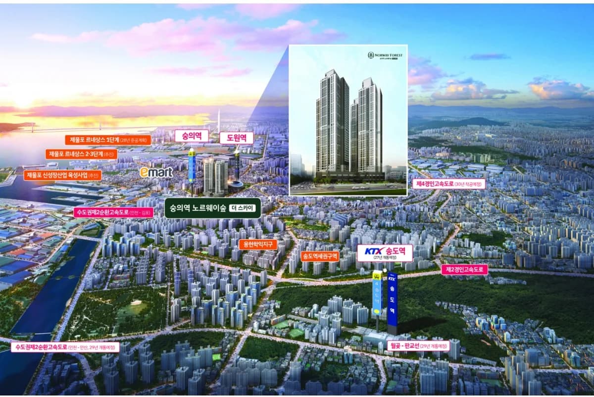 숭의역 노르웨이숲 더 스카이 주변 항공 합성도 — 제물포 르네상스·용현학익지구·송도역세권 위치