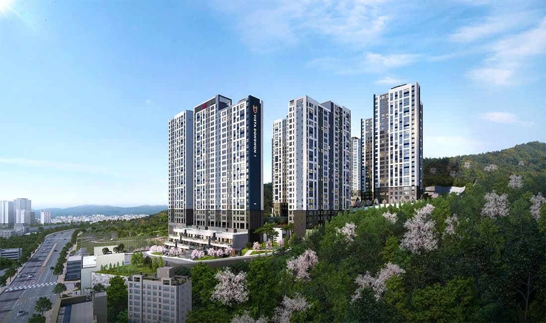 더파크 비스타동원 지상 조감도 — 백양대로변에서 바라본 단지 전경