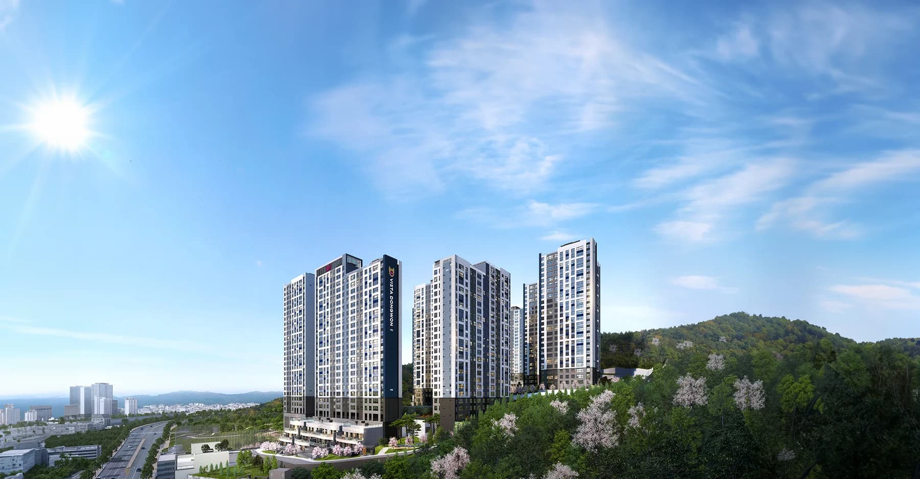 더파크 비스타동원 단지 조감도 — 백양산 숲과 맞닿은 10개동 전경