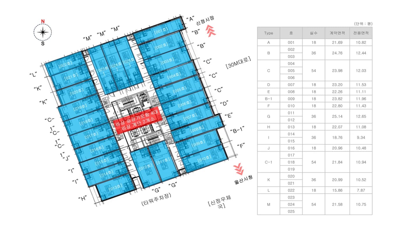 울산 시청 휴먼블루드빌 호별 위치도 - 3~20층 기준층 001~025호 배치와 타입별 실수