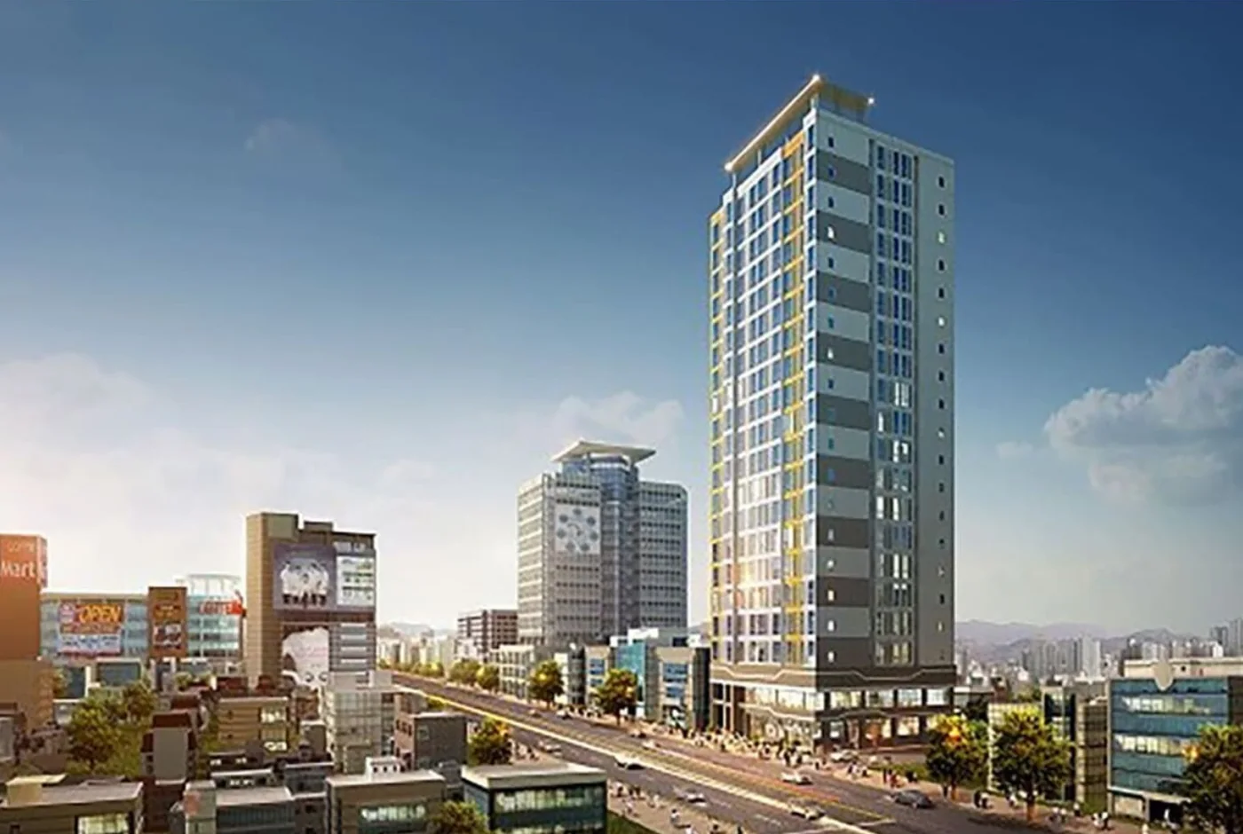 울산 시청 휴먼블루드빌 투시도 - 저층 상가 위로 올라선 20층 주동과 앞 대로