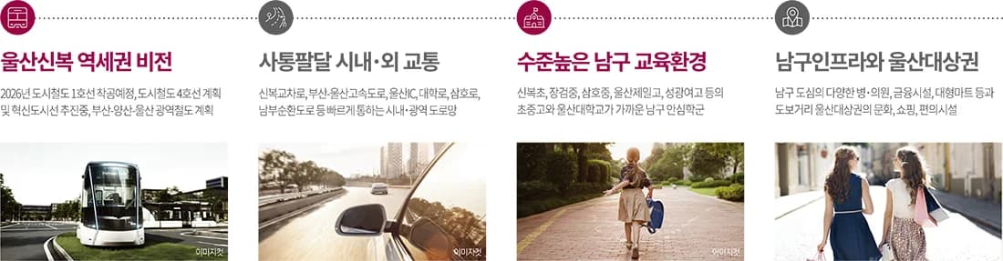 울산신복역 비스타 메트로 입지 요약 — 철도 계획, 시내·외 교통, 교육환경, 생활 인프라 4가지 구성