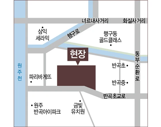 원주 롯데캐슬 시그니처 위치 안내도 - 원주천·행구로·동부순환로와 반곡초·반곡중 주변 약도