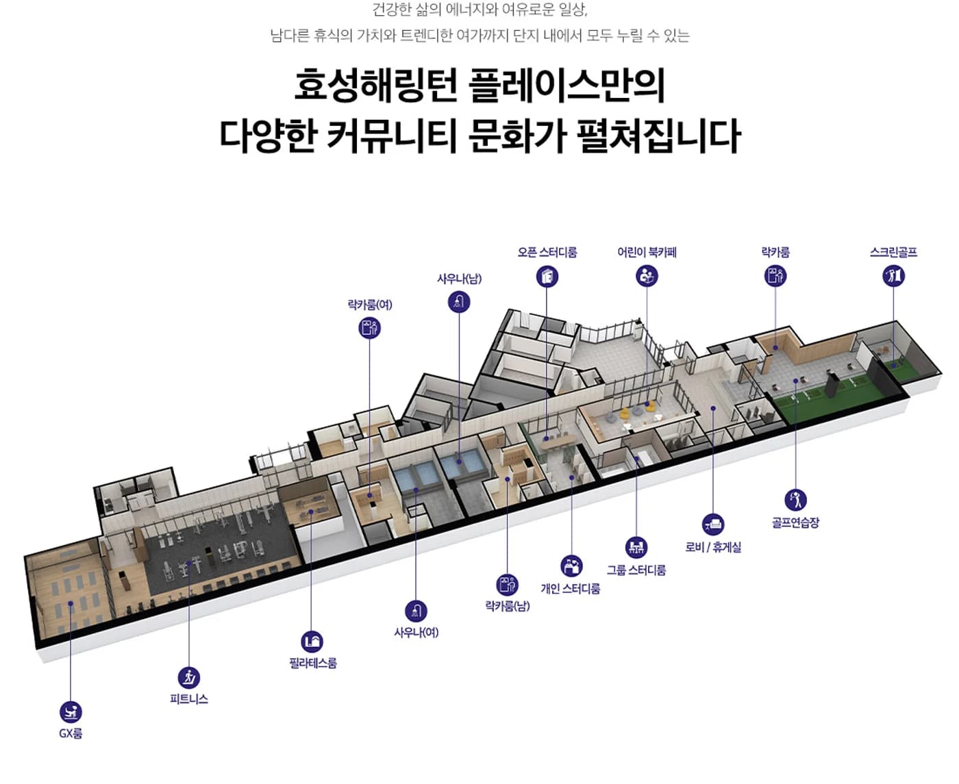 효성해링턴 플레이스 영주 더리버 커뮤니티 시설 안내 - 피트니스·사우나·스터디룸·골프연습장 배치