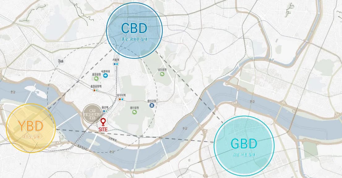 DK밸리뷰 용산 광역 위치도 — 종로·광화문(CBD), 여의도(YBD), 강남·서초(GBD) 사이 용산역 남쪽 사업지 위치