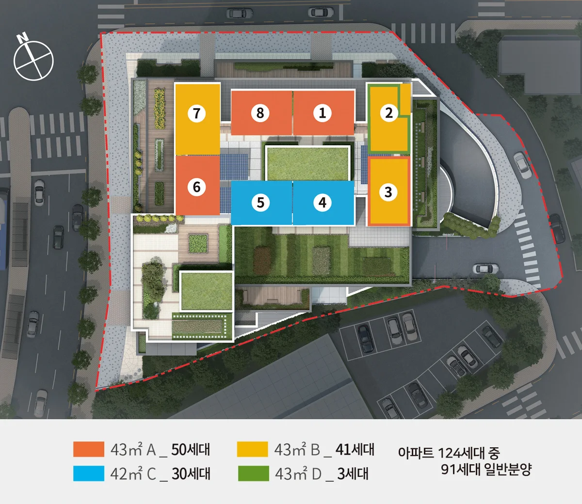 동작 보라매역 프리센트 아파트 배치도 - 1~8호 라인별 43A·43B·42C·43D 주택형 배치