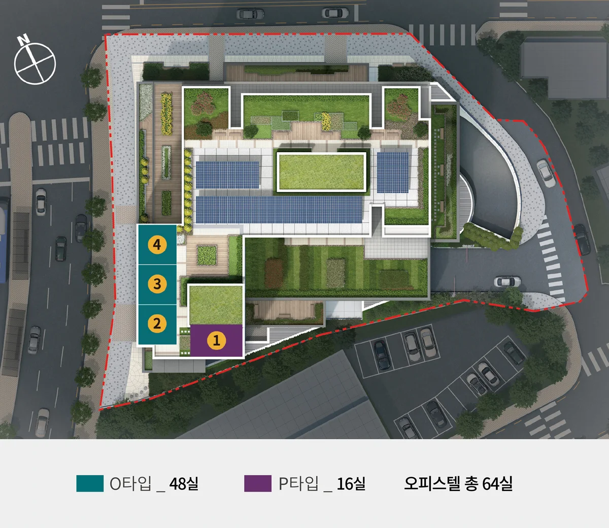 동작 보라매역 프리센트 오피스텔 배치도 - 1~4호 라인별 O·P 타입 배치