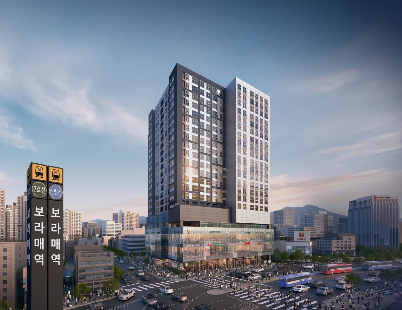 동작 보라매역 프리센트 투시도 - 보라매역 사거리 코너에 선 20층 주동과 저층부 상가