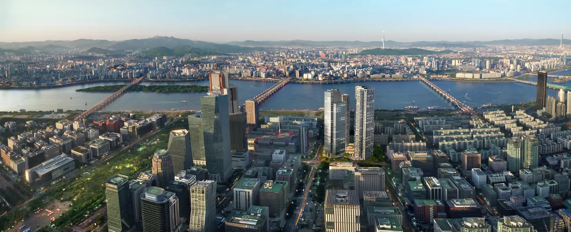 브라이튼 여의도와 여의도공원·여의도 업무지구·한강·마포대교를 담은 광역 조감