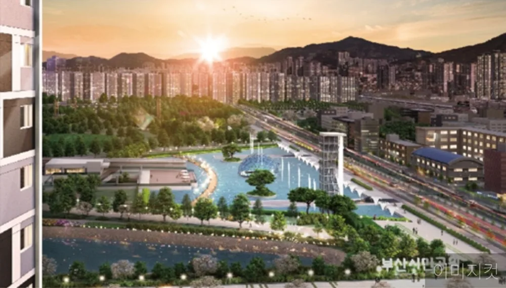 서면 경남아너스빌 엔테로까사 프리미엄 — 단지 쪽에서 내려다본 부산시민공원 석양 조망 CG