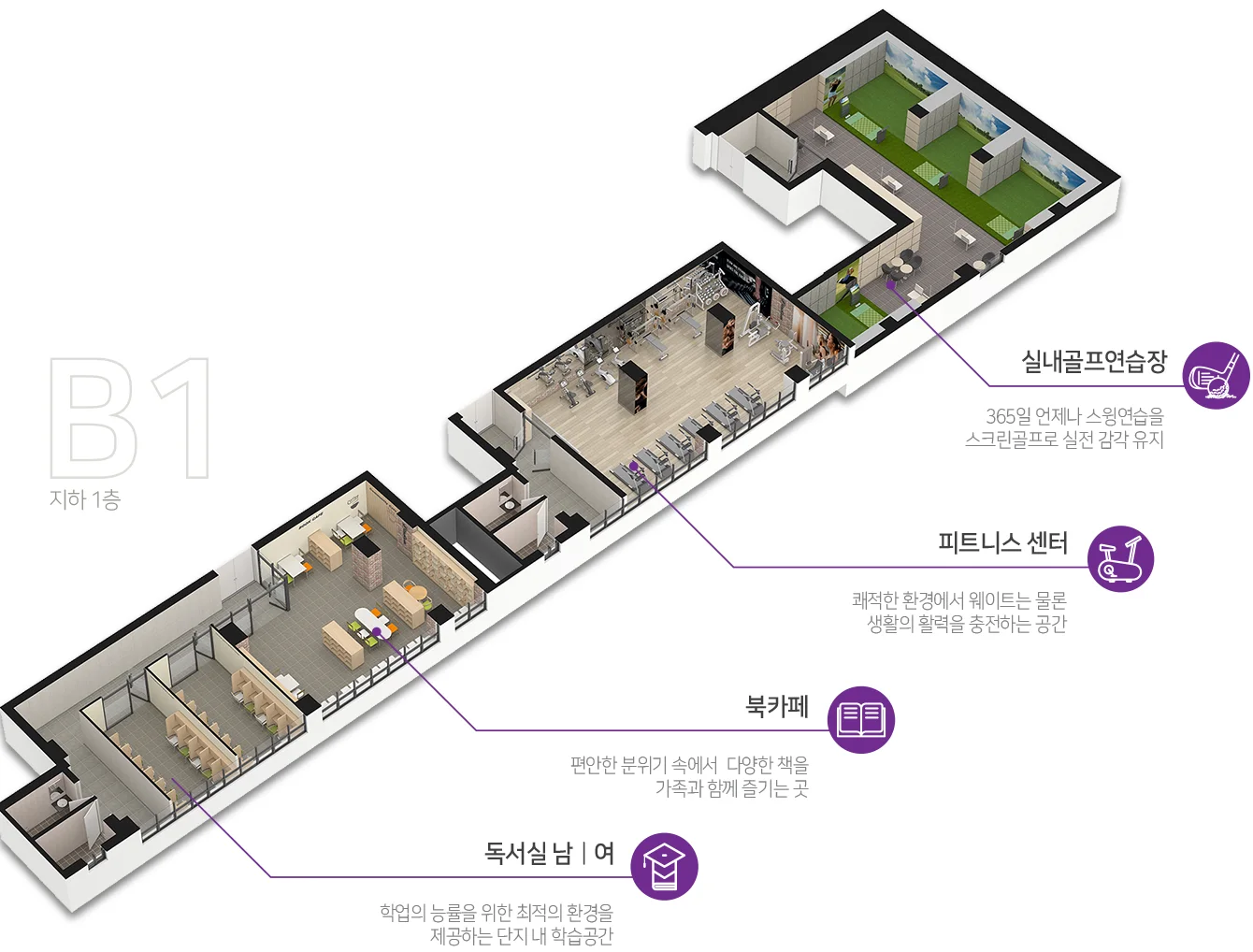 부여 골드클래스 지하 1층 주민공동시설 아이소 - 실내골프연습장·피트니스 센터·북카페·남녀 독서실