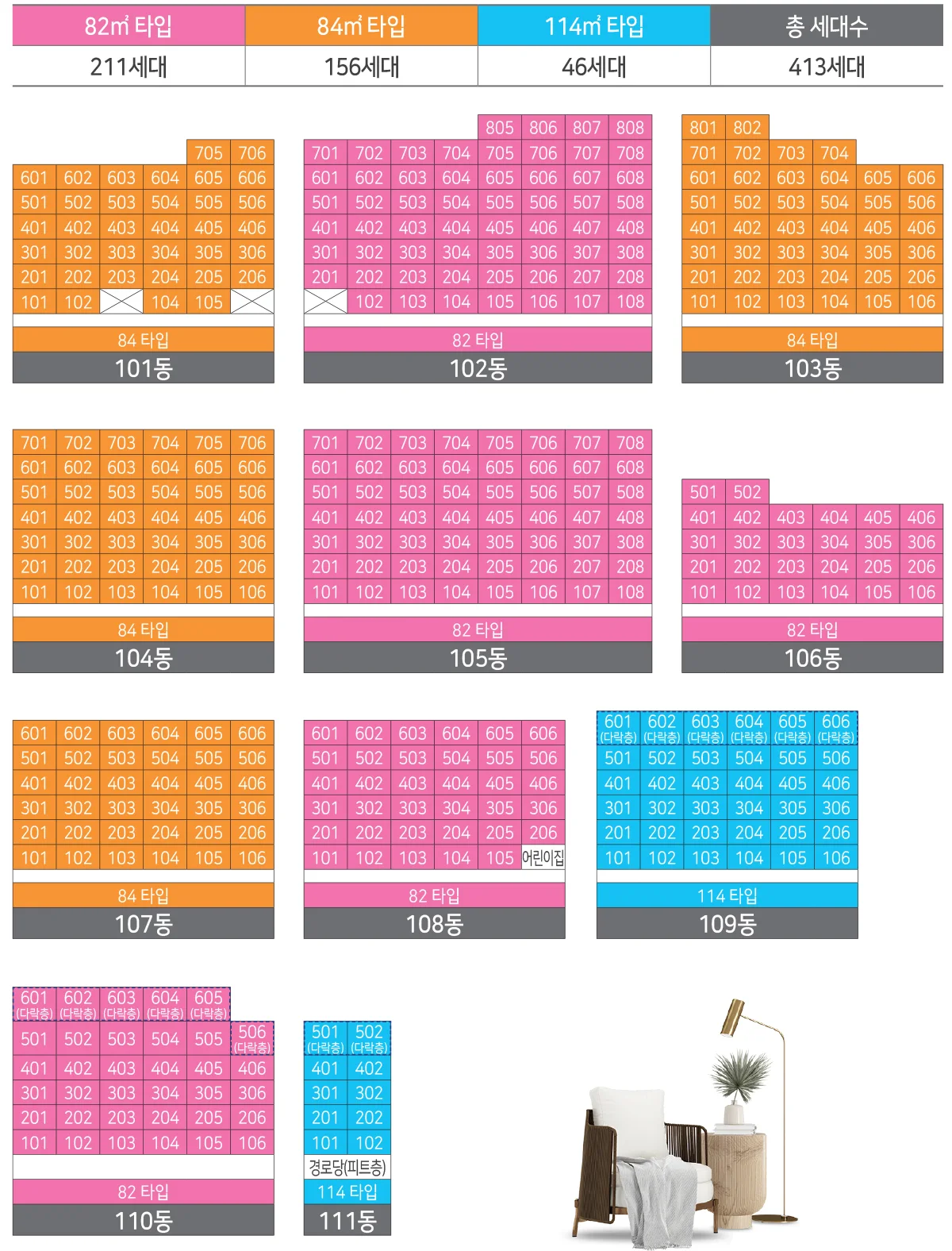 부여 골드클래스 동·호수 배치도 - 101~111동 층별 호수와 82·84·114 주택형, 다락층 세대