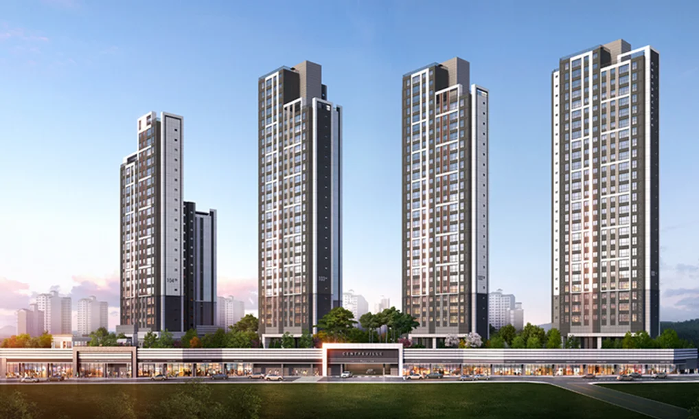 천안 백석 센트레빌 파크디션 상가동 앞 도로에서 바라본 4개 동 정면 투시도