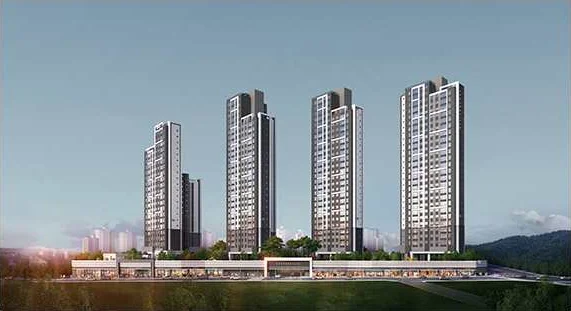 천안 백석 센트레빌 파크디션 프리미엄 — 상가동 앞에서 바라본 4개 동 정면 투시도